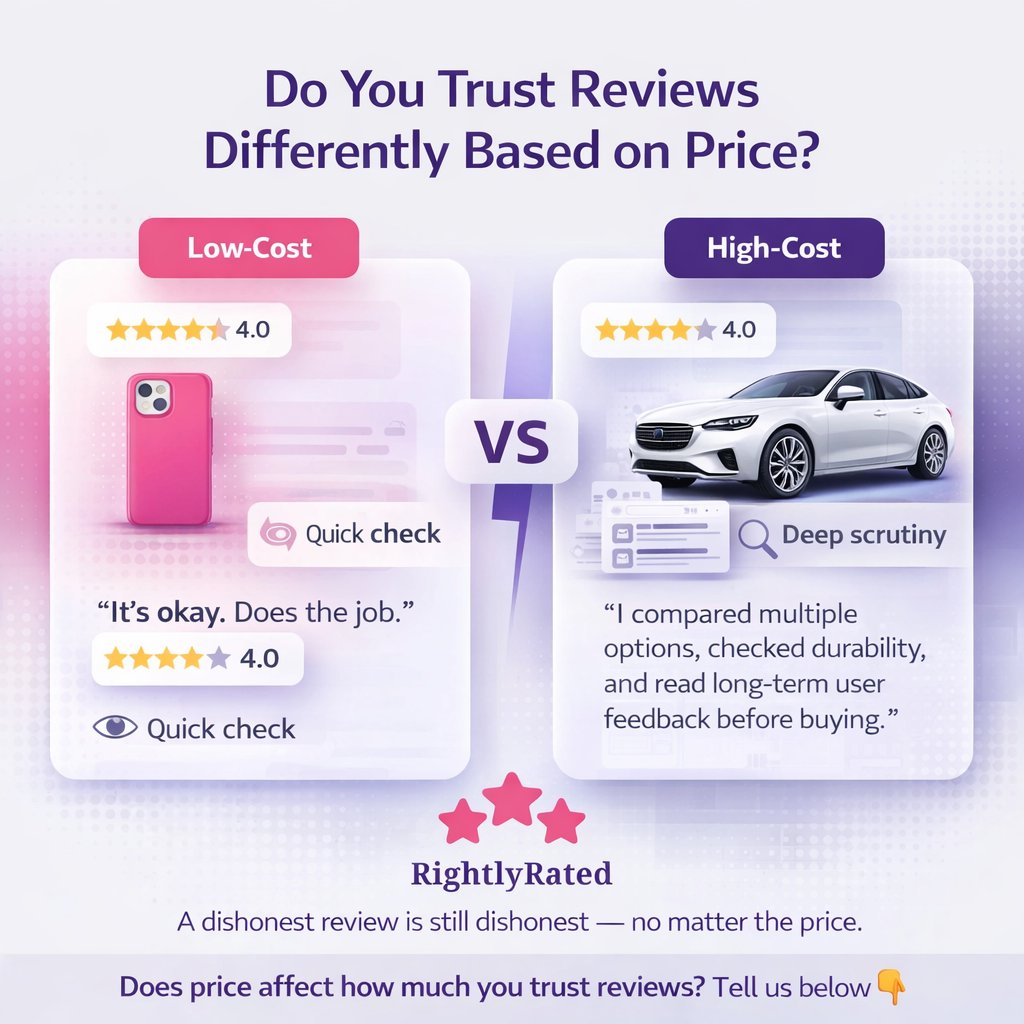 Rightlyrated's tweet image. What's worse:
A) A fake positive review that misleads you into buying
B) A fake negative review that stops you from a great purchase
Both are harmful. But which costs the consumer more?
#RightlyRated #FakeReviewDilemma #AorB