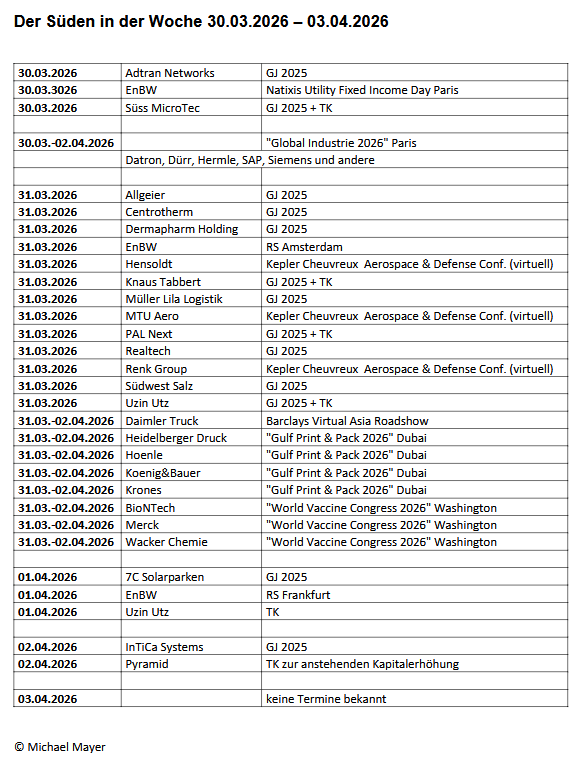 Papamicha007's tweet image. Kleine Übersicht zu Terminen von Unternehmen aus #Süddeutschland für die kommende Woche. Reine Information, kein Anspruch auf Vollständigkeit, keine Gewähr! DARF GERNE RE-TWEETET WERDEN :-) #Termine #Kalender #Kapitalmarkt #Börse #Aktien #thinkglobalinvestlocal