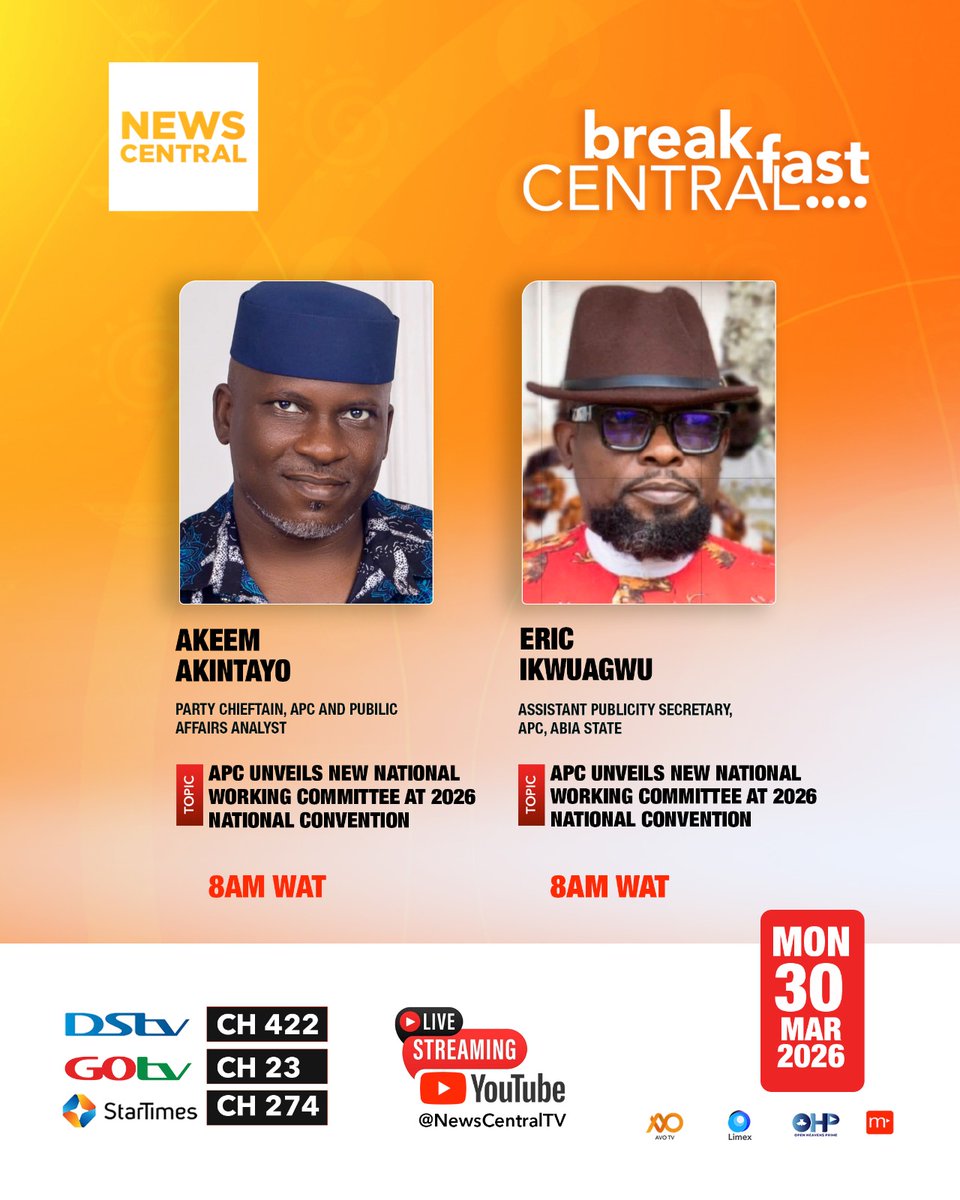 NewsCentralTV's tweet photo. Nigeria’s political landscape has continued to evolve.
PDP divisions deepen, APC restructures, and NNPP faces a major shake-up following Kwankwaso’s resignation. Join guests Nnamdi Dickson-Iroegbu, Hon. Akeem Akintayo, and Ladipo Johnson on #BreakfastCentral as we discuss these crucial national matters.
Showing tomorrow at 7 AM WAT.