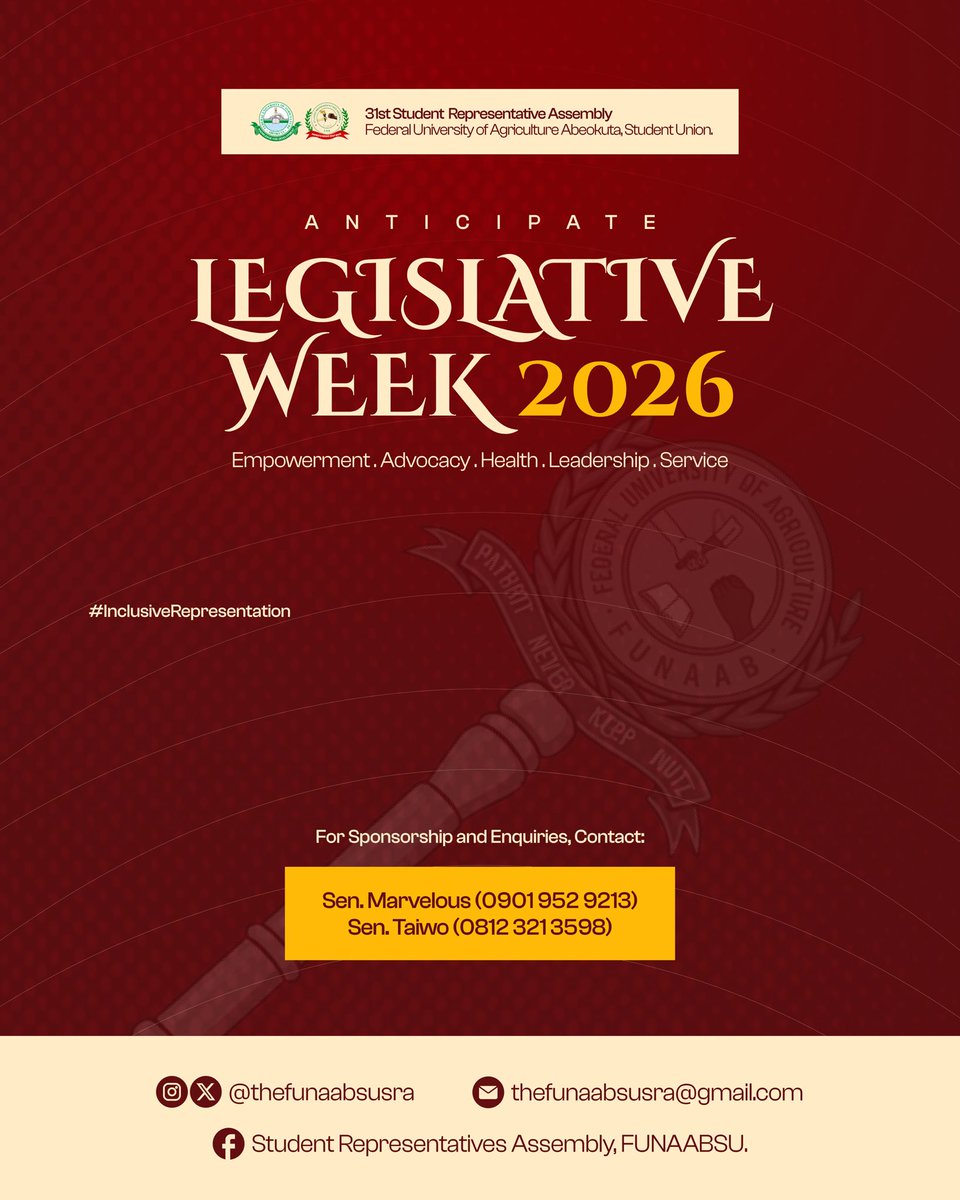 The 31st Student Representative Assembly of FUNAABSU hereby announces Legislative Week 2026.

A week of governance, empowerment, health advocacy, cultural heritage, and leadership. 

Details to follow. 
Dates to mark. 

Keep tabs! #InclusiveRepresentation