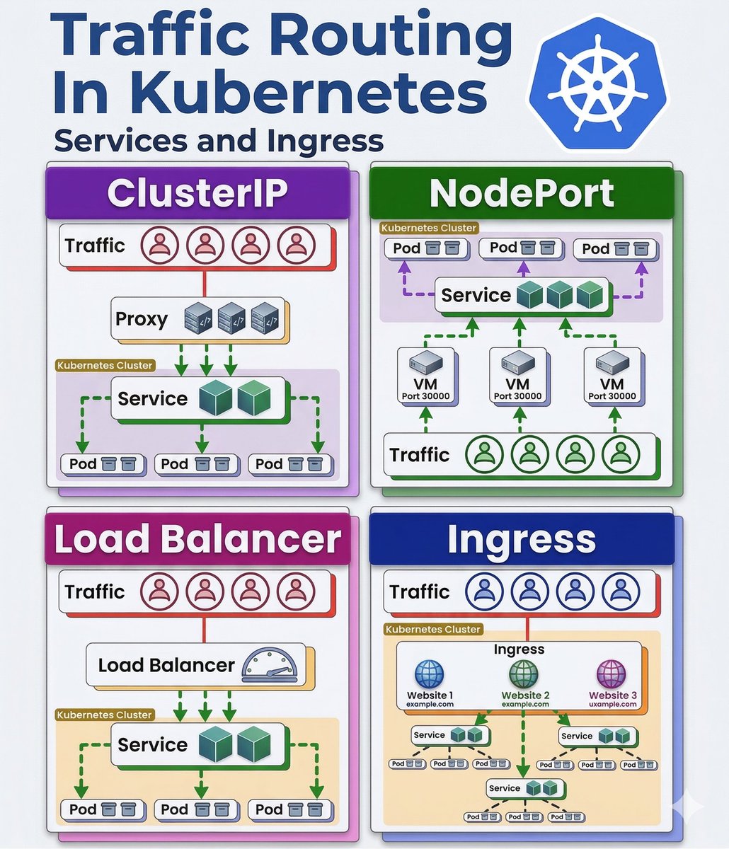 twtayaan's tweet photo. Traffic Routing in Kubernetes explained: 🚥

→ ClusterIP: The default service type that provides a stable internal IP for communication within the cluster.
→ NodePort: Exposes the service on a specific port across all Nodes, allowing external access via the Node's IP.
→ Load Balancer: Standard way to expose services to the internet by provisioning an external load balancer from your cloud provider.
→ Ingress: A smart routing layer that manages external HTTP/HTTPS traffic to multiple services through a single entry point.