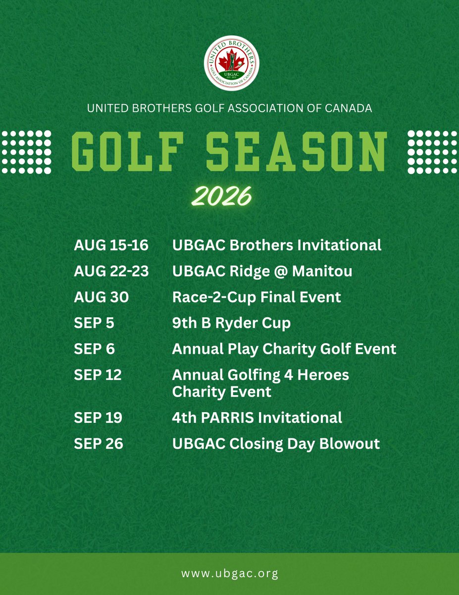 ubgac58940's tweet image. UBGAC 2026 season lineup is here. ⛳️

All events. One season.
Plan your rounds.
For more details visit: ubgac.org

#golf #canadiangolf #golfcommunity