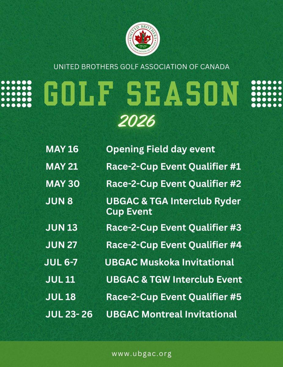 ubgac58940's tweet image. UBGAC 2026 season lineup is here. ⛳️

All events. One season.
Plan your rounds.
For more details visit: ubgac.org

#golf #canadiangolf #golfcommunity