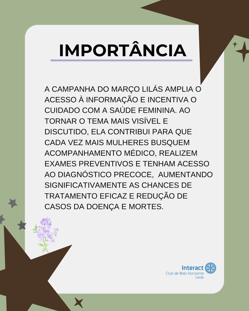 interactbhleste's tweet photo. Você conhece o Março Lilás?💜

Ele  incentiva o diagnóstico precoce do câncer de útero e o cuidado com a saúde feminina.🩺

Quer participar do Interact com a gente? Manda uma mensagem no direct.

#interact4521 #interactbhleste #interact #Rotaryinternational #rotaryyouthexchange https://t.co/LT8rrUml6q