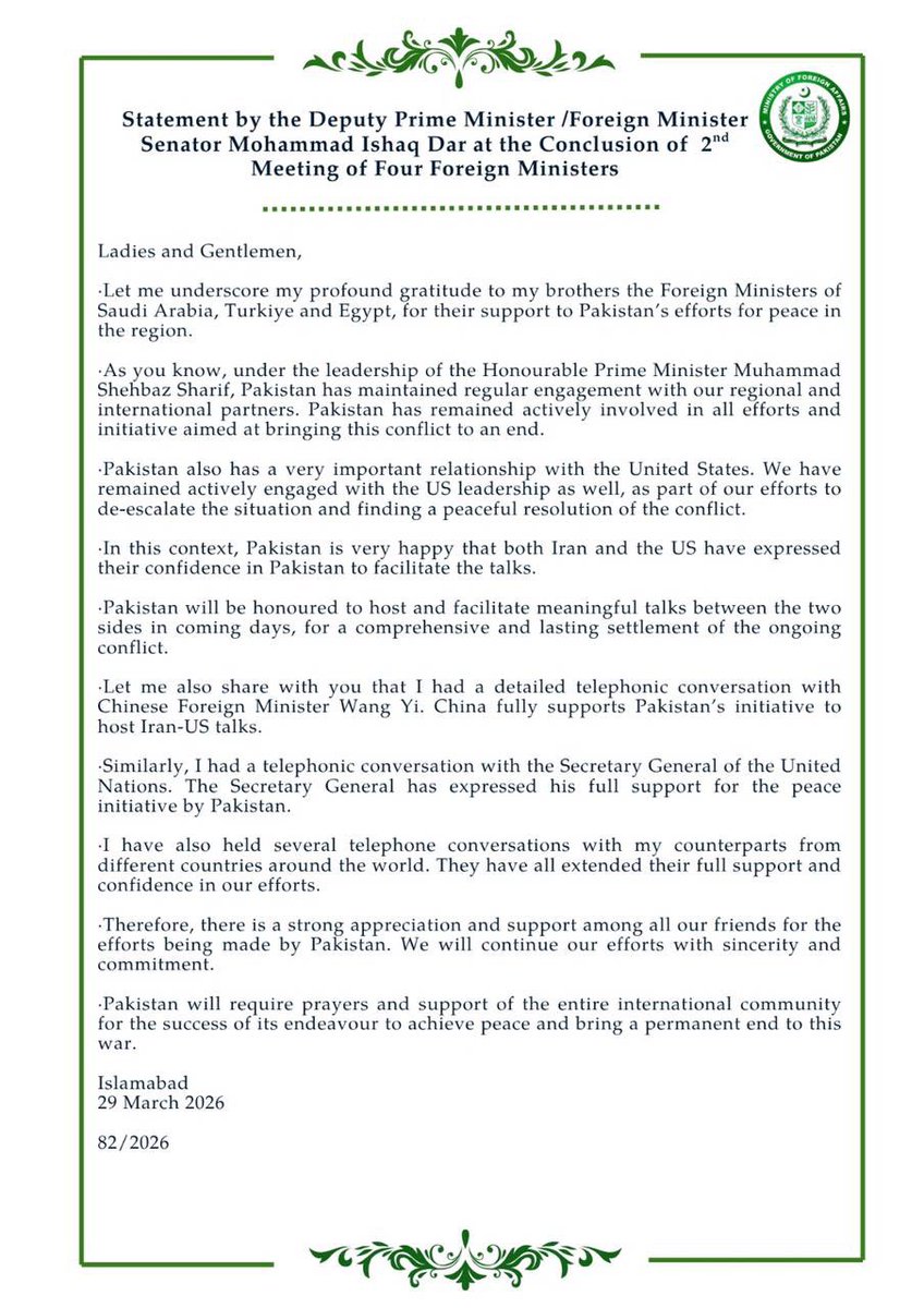 ahmadishtiaq's tweet image. #Pakistan Foreign Minister's Statements after the 2nd Quadrilateral Meeting with #Saudi, #Turkish and Egyptian #ForeignMinisters in #Islamabad.

Core Assessment

Pakistan has positioned itself as a key diplomatic bridge in the ongoing crisis, with Islamabad set to host