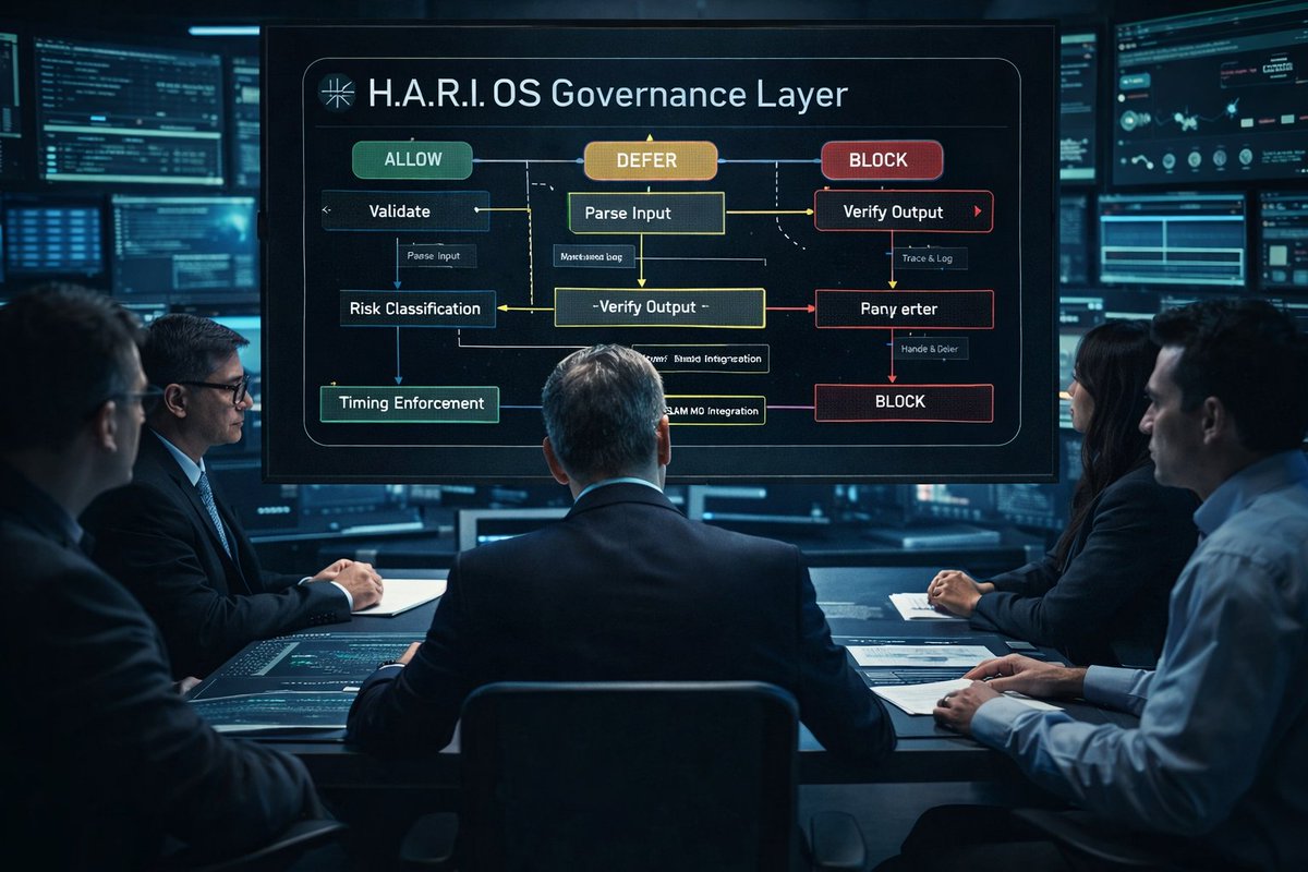 IulianiMax's tweet photo. Most teams are still building AI.

We decided to govern it.

The real problem isn’t choosing the best model.

It’s what happens after the model.

Workflows.
Decisions.
Timing.
Responsibility.
Failure.

That’s where systems break.

Today, most “AI agents” are just orchestration layers glued together:

LLM + tools + memory + routing.

But they’re missing one thing:

deterministic governance.

So we built something different.

H.A.R.I. OS is not another agent framework.

It’s a governance layer that sits above any AI system and controls:

• when an action is allowed
• when it must wait
• when it must be blocked

Not based on probability.
But on rules, state, and risk.

At the core:

→ A deterministic decision engine
→ A Time Sovereignty Layer (TSL) for irreversible actions
→ A forensic trace for every decision

Three states only:

ALLOW
DEFER
BLOCK

No ambiguity. No shortcuts.

Because in real environments:

Healthcare
Finance
Infrastructure

“Almost correct” is still failure.

We’ve reached a point where:

✔ Architecture is validated
✔ System is deterministic
✔ Governance is auditable

Not a concept.
Not a demo.

A system ready to be tested in the real world.

The next wave of AI won’t be defined by smarter models.

It will be defined by who controls them.

And how.

#AI #ArtificialIntelligence #AIArchitecture #Governance #AIEngineering