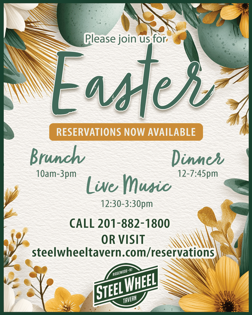 TavernSteel's tweet photo. Have you made your Easter Reservations yet? 🐰 Hop on over to the Wheel's website to reserve today! We're having Easter Brunch from 10am to 3pm. Dinner will be served 12pm til 7:45pm. And they'll be Live Music 12:30 to 3:30pm. https://t.co/fzMDISBrQy