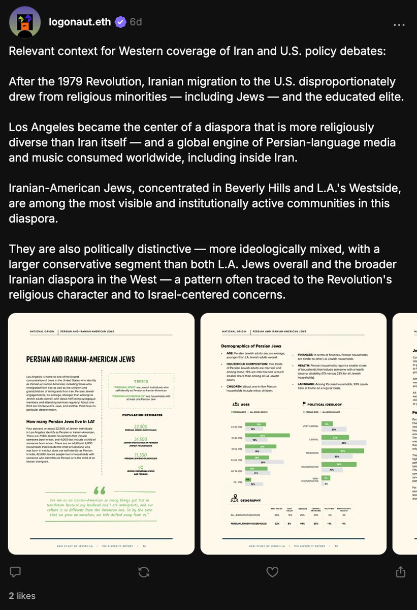 logonaut's tweet photo. @FareedZakaria @AzadehMoaveni After the 1979 Revolution, Iranian migration to the U.S. disproportionately drew from religious minorities — including Jews — and the educated elite.

https://t.co/1CEv55GrKQ https://t.co/AjMwXFzh5j