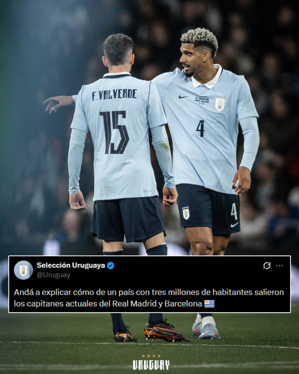 DiarioOle's tweet photo. "Andá a explicar cómo de un país con tres millones de habitantes salieron los capitanes actuales del Real Madrid y Barcelona"

✍️ El tuit que publicó la cuenta oficial de la selección de Uruguay sobre Valverde y Araújo ©️🇺🇾 https://t.co/HQae9vjwEt