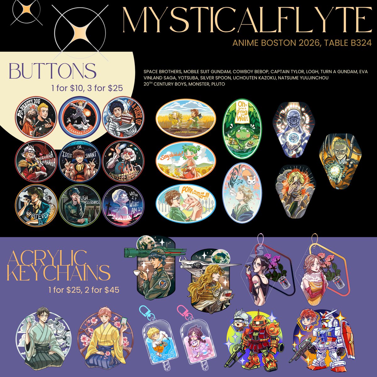 mysticalflyte's tweet photo. Here’s my catalog for @animeboston.bsky.social !! I’ll be at table B324, excited to yap about my niche obsessions 🤗 https://t.co/TDUZgFRn64