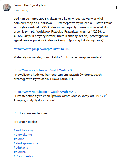 Luke__Ros's tweet photo. https://t.co/lMLkyQxlnR 
„Przestępstwo zgwałcenia – istota zmian w obrębie rozdziału XXV kodeksu karnego”, „Wojskowy Przegląd Prawniczy” (1/2026)
#prawo
#prawokarne
#kodekskarny
#przestępstwo
#zgwałcenie
#gwałt
#nowelizacja
#legislacja
#przepisyprawne
#studiaprawnicze
#thelaw
#PL https://t.co/KVAWz85xqx