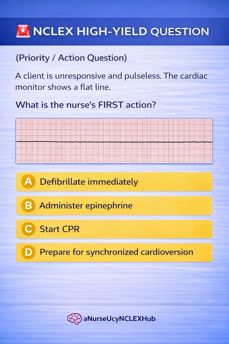 ucyberry's tweet image. NCLEX QUESTION OF THE DAY 🚨

Flat line. No pulse. Unrespons!ve too. 

What do you do FIRST?

Drop your answer below 👇

#NCLEX #NCLEXRN