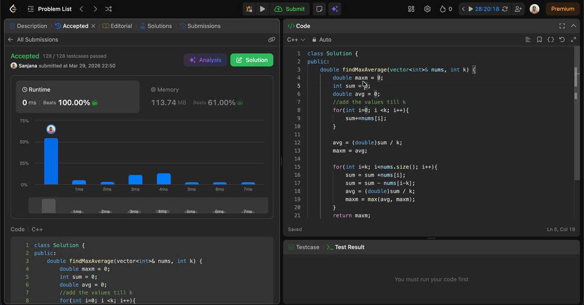 Sanjanashettyyy's tweet photo. march 29 · day 46 #100DaysOfCode
back on track today 💪
🧠 revised sliding window
🧩 solved 2 leetcode (sliding window)
💻 internship tasks (~2 hrs)
🧪 took Infosys HackWithInfy test
good mix of learning + practice.
#BuildInPublic #DSA #LeetCode #CodingJourney #CSStudent 🚀 https://t.co/0BI8SqoFUn