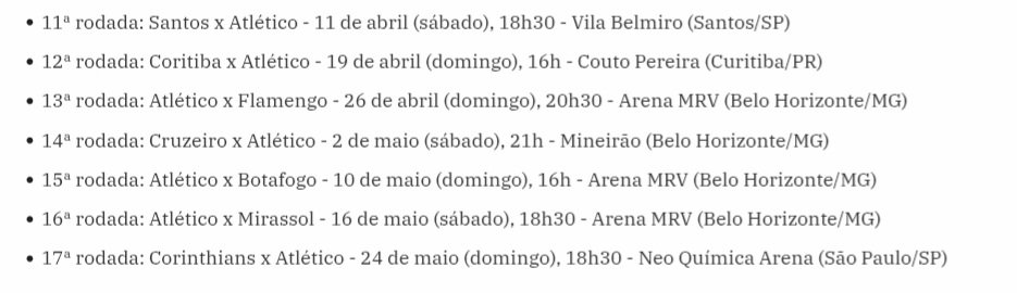 CBF desmembrou a tabela até a rodada 17. Jogos do Galo 👇