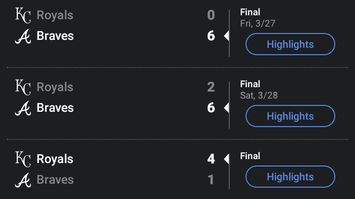 JeremyGree50973's tweet photo. The Royals just ran the same script.
You literally just have to collect these patterns to beat Vegas. ♾️
Braves G1 (6-0)
Braves G2 (dramatic 9th)
Royals steal Game 3
This is why I don’t bet every day.
You have to let the patterns form.
#Mlbrigged #Patternwarfare https://t.co/ZpJwsBKcBG