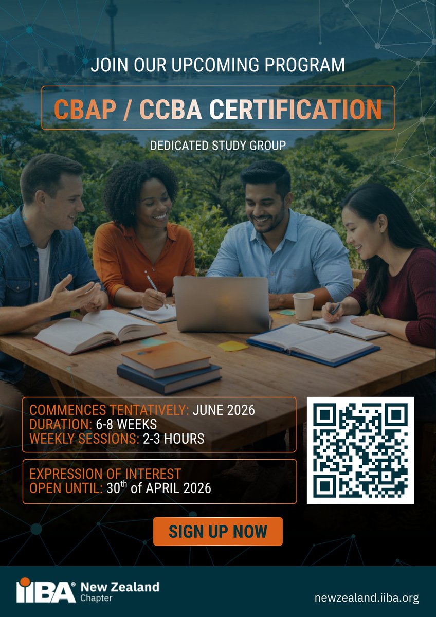 📣 Ready to take the next step towards your CBAP or CCBA certification?

IIBA New Zealand Chapter is preparing a dedicated study group starting June 2026 for 6–8 weeks with weekly 2–3 hr sessions.

EOI closes 30 April 2026: forms.gle/cpwrmCrtY21oRk…

#IIBANZ #CBAP #CCBA
