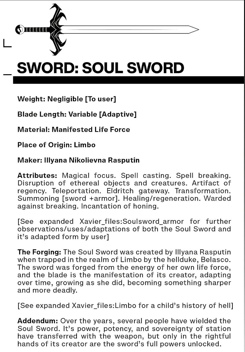CEnekwa's tweet photo. @crystarius @UnionSami @DailyMutantsX And she went ahead to forge the #Soulsword from her soul in order to defeat Belasco and escape Limbo. The Soulsword is the purest expression of Illyana's power as a sorceress and it boosts are magical might.
#MagikSpoilers #RasputinSpoilers #Limbo #Xspoilers https://t.co/6wqyors7iJ