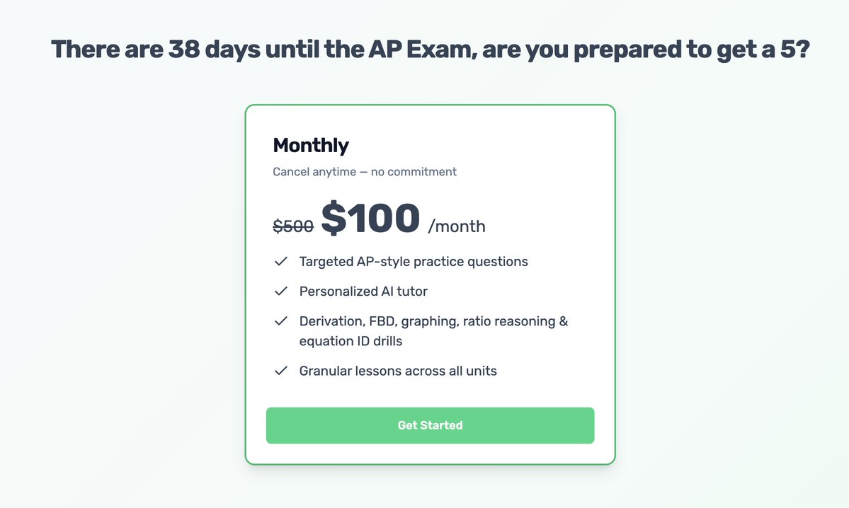 kanishksj01's tweet photo. Since September, I have been putting incredible effort into building @CrushAPexams. The Crush AP mission is to be the best tool students can use to prepare for their AP exams. We are starting with AP Physics I.

For the last six months, we have worked with a cohort of students at Alpha High School to test the product. The students are all on track to earn a 5 this May. The team is excited, and we are grateful to have been able to build this.

Building Crush AP is about creating a sustainable business. Early on, we did not want the pursuit of profit to detract from building a great product, so we didn’t focus much on selling.

More recently, we started posting more on the Crush AP X account. Last week, we even got our first paying customer.

Reflecting this weekend, we realized demand is highest now due to the impending exam date. We would regret not acting on this moment and telling the world that Crush AP is available.

So, Crush AP is now $100 for the next month, and our mission is to see how many students we can help get 5s on their AP Physics I exam. Crush AP has a few core features that will get students there.

The first core feature is targeted practice, where students can answer AP-style questions spanning all eight units. If a question is answered incorrectly, students have the opportunity to chat with an AI to understand where they went wrong.

The next core feature is drills. In the process of becoming experts in AP Physics, we realized the exam tests a series of core skills: equation identification, free-body diagram creation, proportional analysis, deriving equations, and graph creation.

For each of these skills, we created a dedicated drill mode in our application where students can ensure their gaps are covered.

In both drills and targeted practice, students have access to a tailored AI chatbot that tutors them on the problem they are working on. We worked with an AP exam specialist to fine-tune the chat experience, and it has been trained to teach the way the specialist teaches his clients.

We know 1:1 tutoring is not fully solved yet, but our in-app chat experience feels close.

Crush AP contains every question type that appears on the AP exam, from derivations to ratio reasoning to graph analysis. Using our expertise in exam specifics, we built an automated multi-agent system to generate AP exam questions, so students will never run out of practice material.

There is currently no other way to get a tailored, exam-specific training experience like this. If a student is feeling stressed about their exam in May, I would not hesitate to recommend Crush AP to help them score a 5.

I will tap into my network to find students taking the exam in May. If you are reading this and know anyone planning to take the AP Physics I exam, we would really appreciate it if you could let them know about Crush AP.