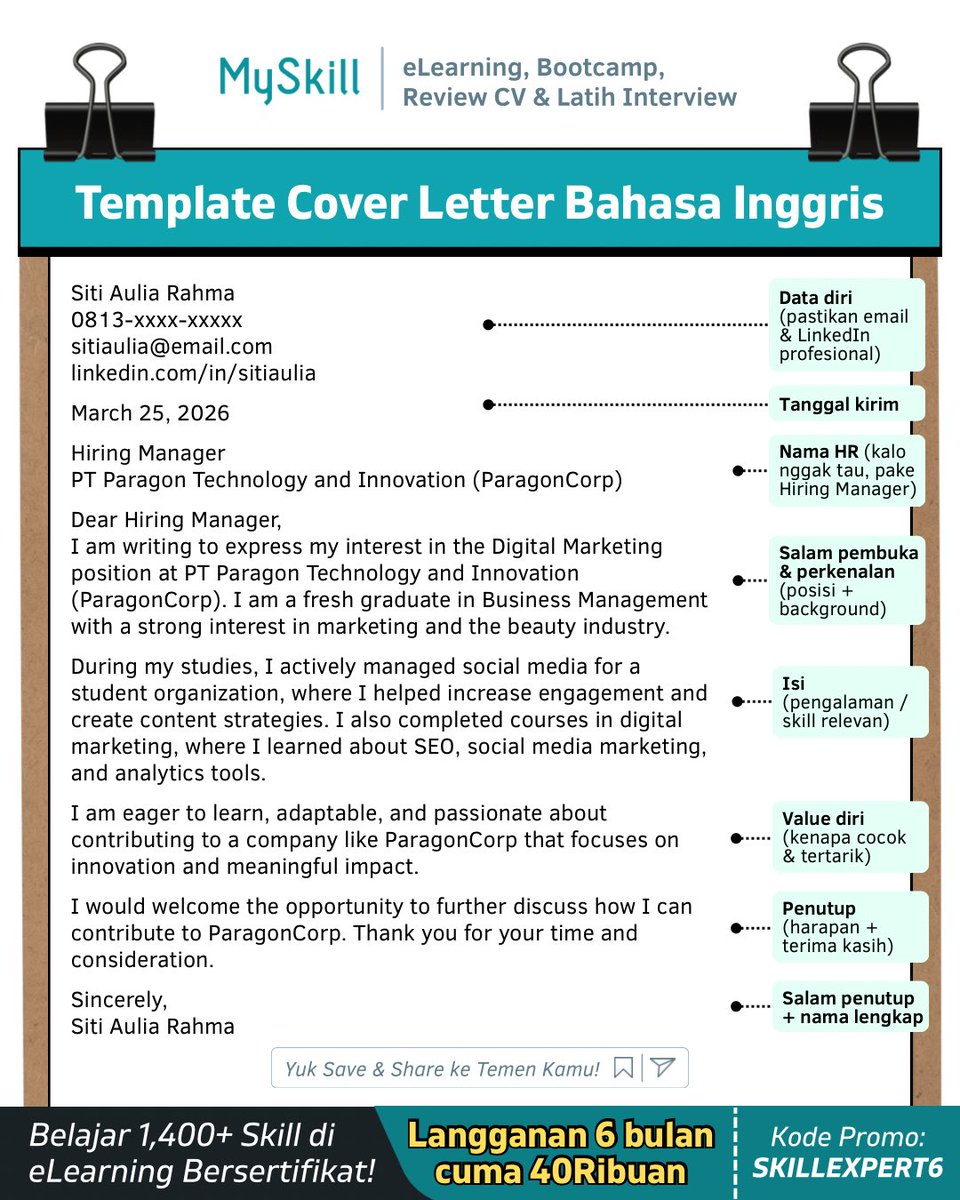 myskill_id's tweet photo. Template cover letter pake bahasa inggris nih besyie!
Upgrade 1400+ skill buat persiapan karir kamu lewat eLearning yuk🔥
Langganan 6 bulan cuma 40ribuan pakai kode promo SKILLEXPERT6di:
📍https://t.co/V8LBgpdFQO
#LearnAtMySkill #RintisKarirImpian #persiapankarir https://t.co/ralPvS3Y2d