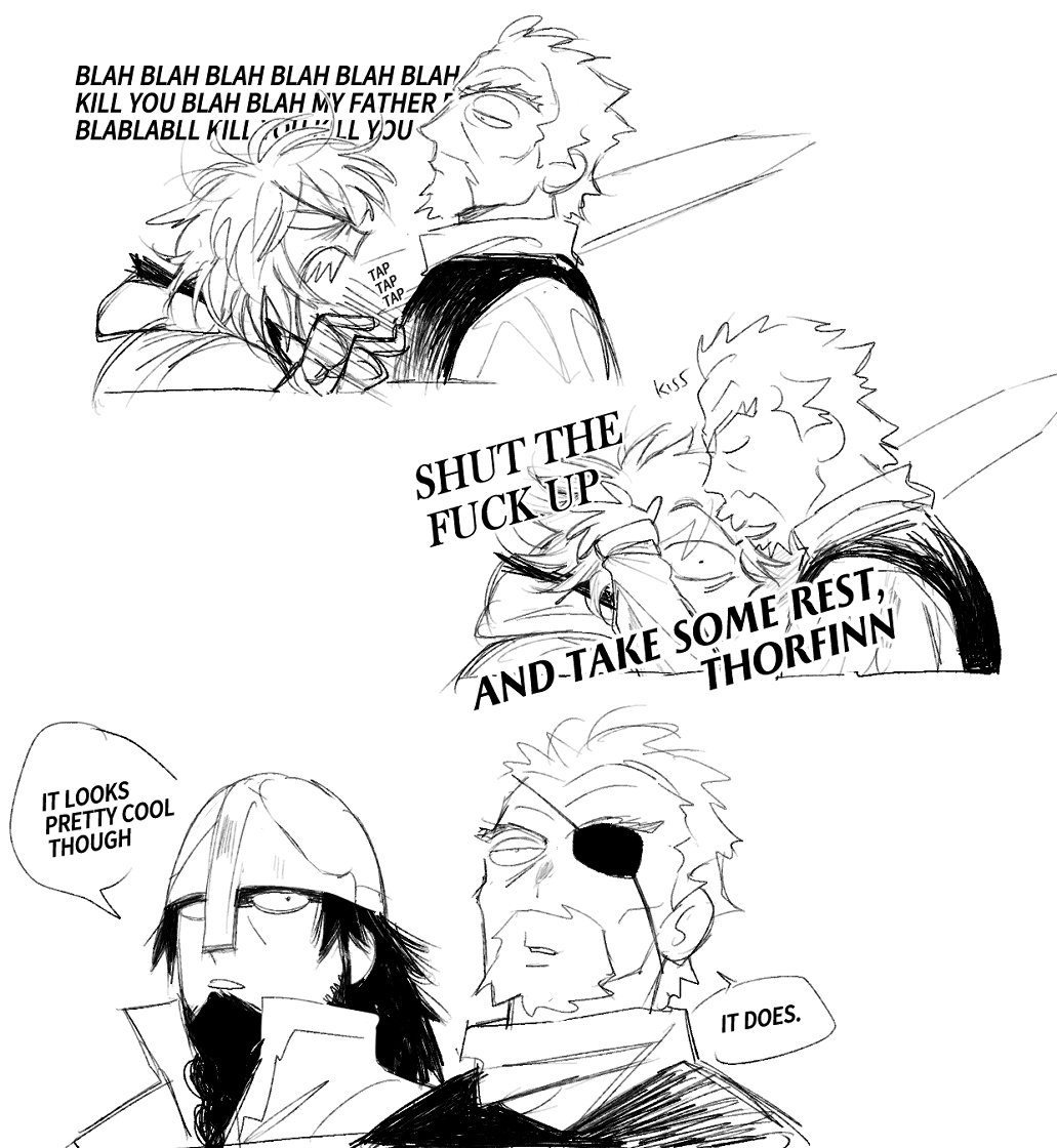 flrrrrr222's tweet photo. yes, i have drawn askeladd kissing thorfinn's forehead, and it ties back to an old gag i had going on where i make askeladd lose an eye under ridiculous circumstances, i love drawing stupid shit like this https://t.co/cOiscmebzW
