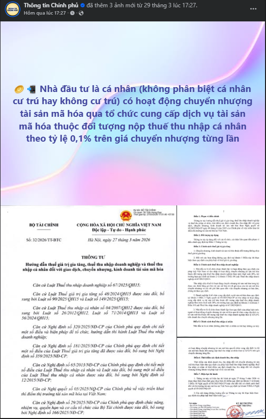 BachDang149's tweet photo. Bàn luận chi tiết thêm về Thông tư 32/2026/TT-BTC hướng dẫn thuế GTGT, thuế TNDN và thuế TNCN với giao dịch, kinh doanh tài sản mã hóa nhé các bác.

- Áp dụng: 27/03/2026
- Crypto không chịu VAT
- Cá nhân: mỗi lần bán/chuyển nhượng sẽ chịu 0,1% trên giá trị giao dịch (có vol là có nộp thuế). 

Cùng phân tích thêm ở dưới nhé 👇