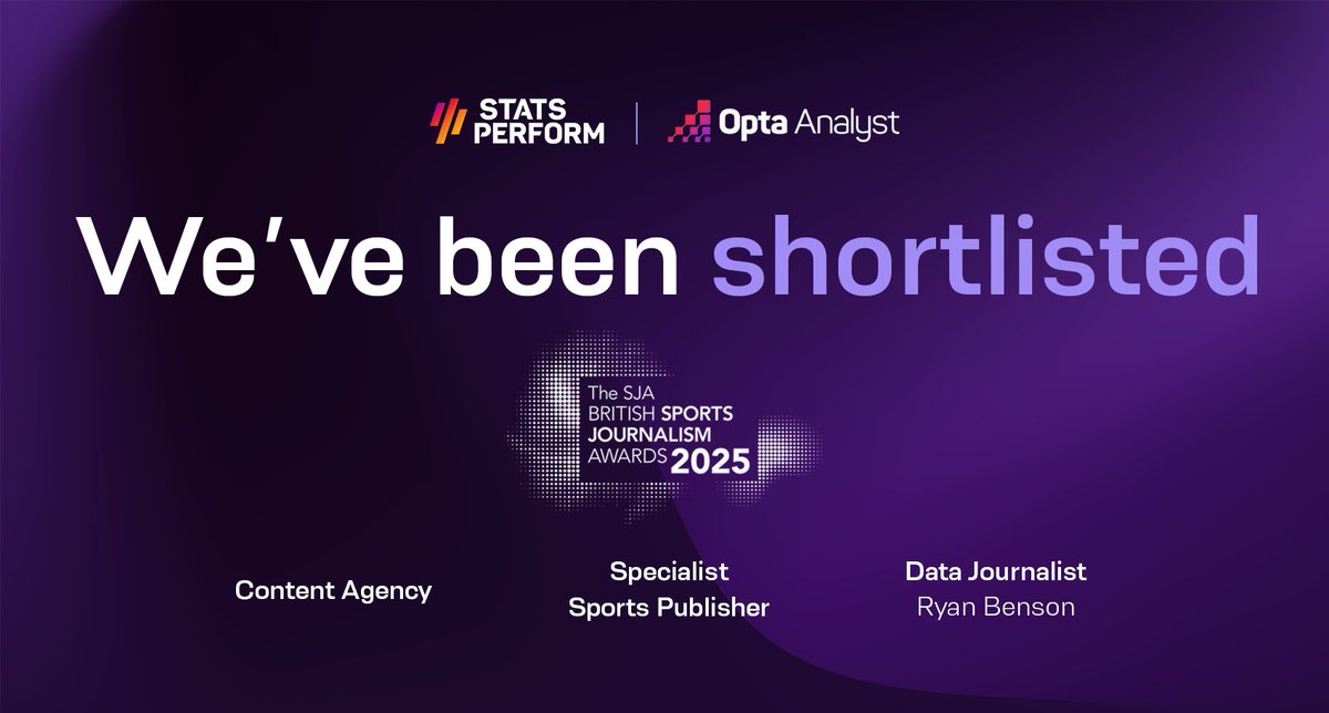Stats Perform and the <a href="/OptaAnalyst/">Opta Analyst</a> have been shortlisted for 3⃣ prestigious <a href="/SportSJA/">Sports Journalists</a> British Sports Journalism Awards.

Categories nominated:
𝐂𝐨𝐧𝐭𝐞𝐧𝐭 𝐀𝐠𝐞𝐧𝐜𝐲, Stats Perform
𝐒𝐩𝐞𝐜𝐢𝐚𝐥𝐢𝐬𝐭 𝐒𝐩𝐨𝐫𝐭𝐬 𝐏𝐮𝐛𝐥𝐢𝐬𝐡𝐞𝐫, Opta Analyst
𝐃𝐚𝐭𝐚