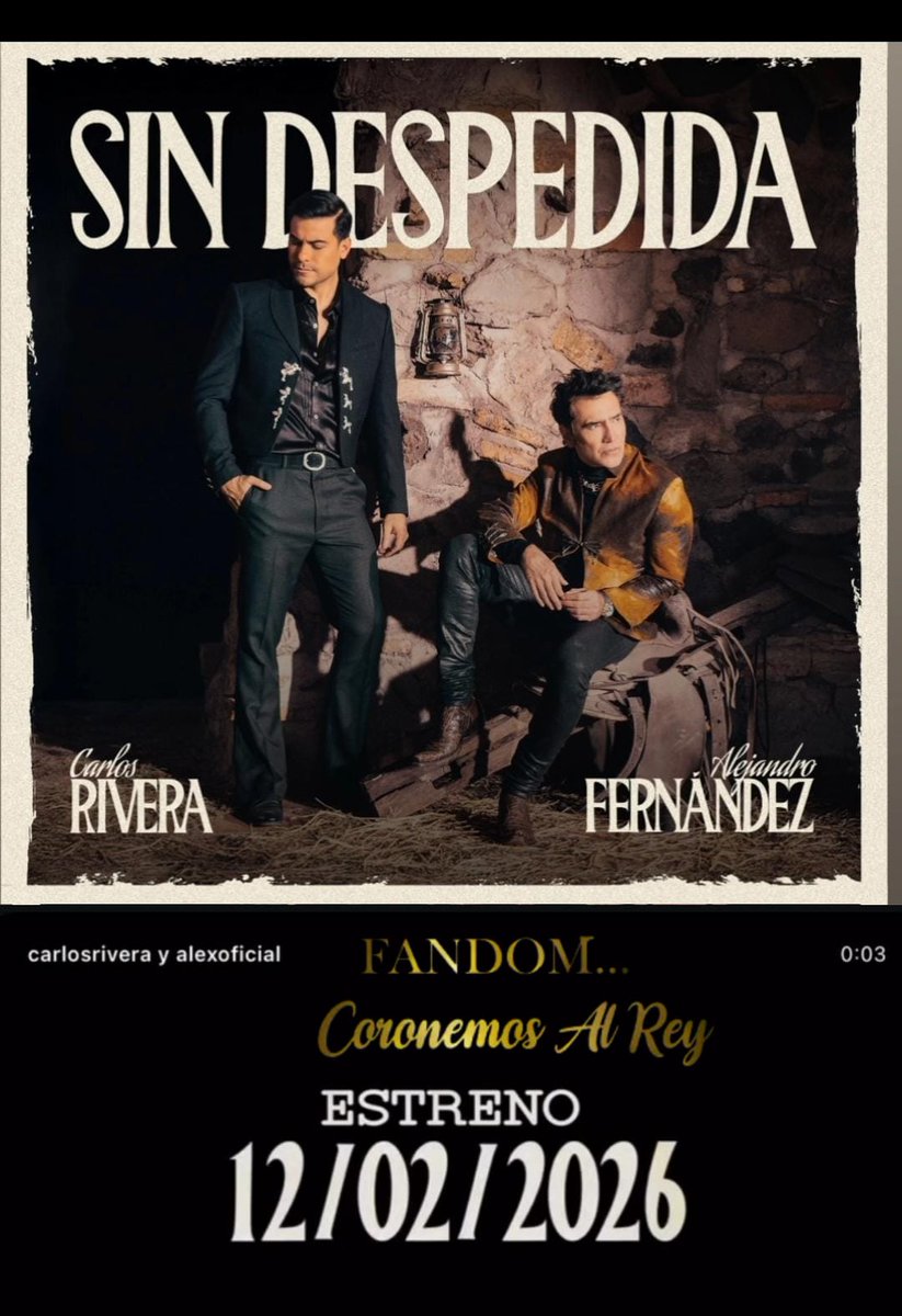 <a href="/Formula_Music/">Formula Music</a> <a href="/MelendiOficial/">Melendi Oficial</a> <a href="/_CarlosRivera/">Carlos Rivera</a> <a href="/alexoficial/">Alejandro Fernández</a> <a href="/claudiarnews/">NEWS CLAUDIA ARENAS</a> <a href="/mgiron_of/">Mario Giron</a> #SinDespedida
CARLOS RIVERA ALEJANDRO FERNANDEZ
#fandomcrey 👑