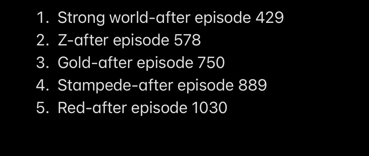 TylerMckenna's tweet photo. @YUNGJEFF @Phant0mp0wer I was sent this on my first watch of OP. It worked out for me without any kind of spoilers. I think the movies are set up in the anime by like 2 episodes prelude. They are basically side quests that don’t impact the anime. But they are all pretty good. ESPECIALLY Stampede for me. https://t.co/fdFzWiJfCP