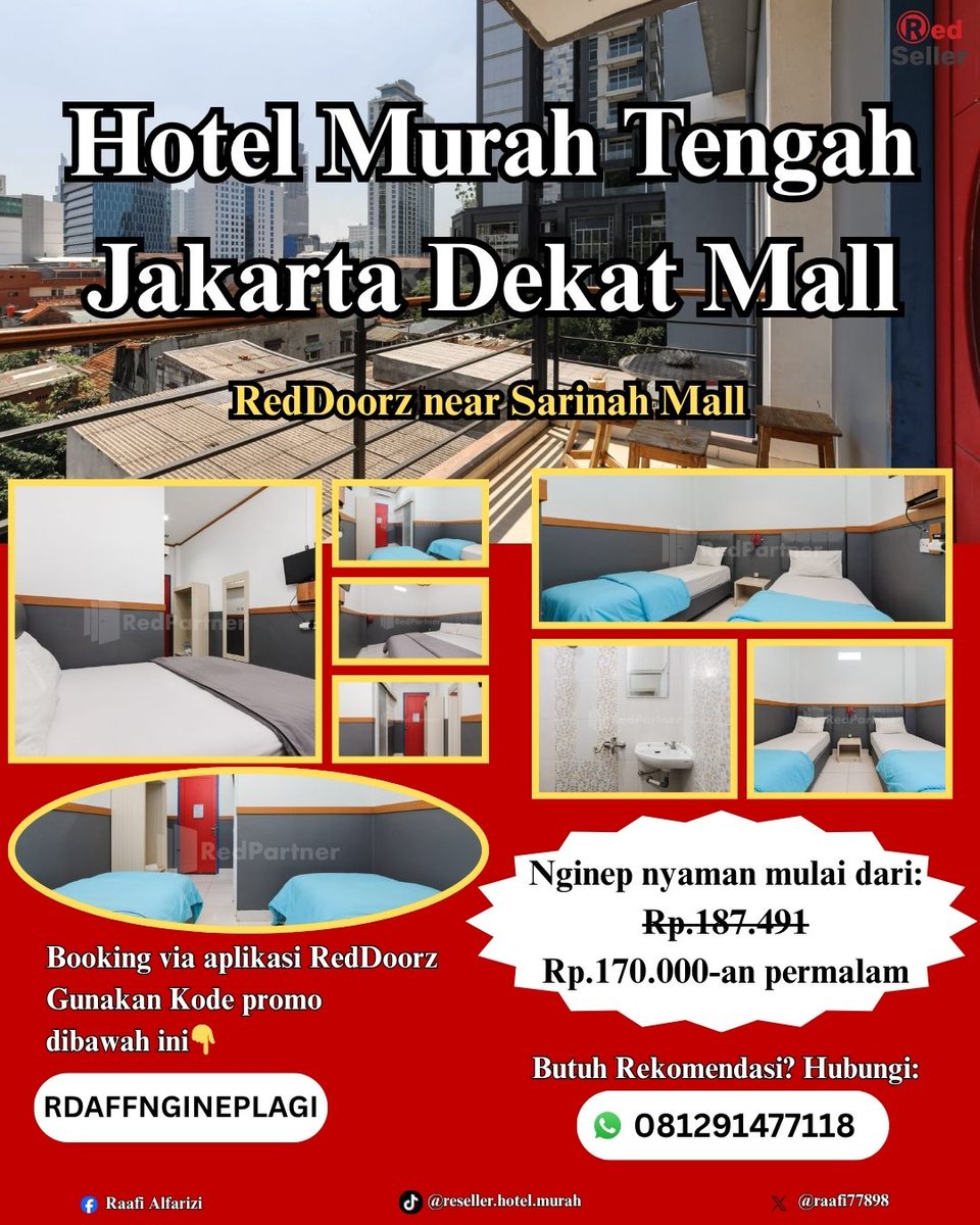 raafi77898's tweet photo. Hotel di Jakarta low budget😳

🏨 RedDoorz near Sarinah Mall

💰 Mulai 170rb-an
📍 Strategis
🛏️ Nyaman &amp; bersih
Udah gitu dekat kemana-mana!

Bisa juga Booking via apk #RedDoorz &amp; isi kode promo RDAFFNGINEPLAGI (lebih aman &amp; sering promo).

Staycation enjoy, RedDoorz pilihan coy https://t.co/BJZSeB9n5E