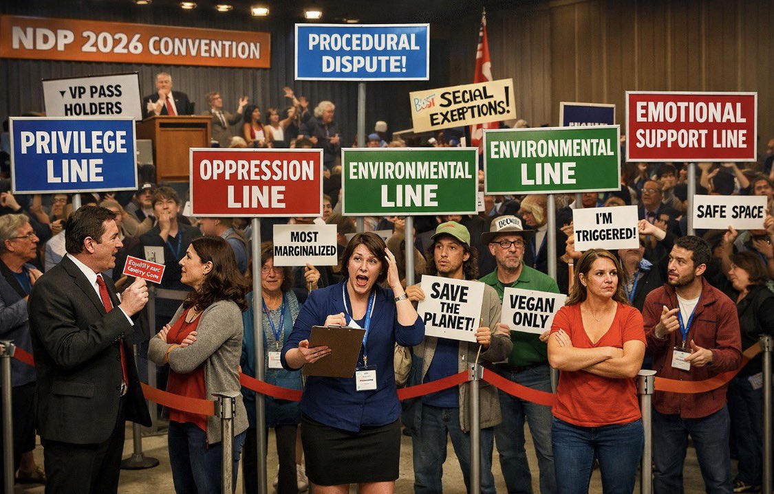 1981Descartes's tweet photo. @CollinRugg If you want to know what the NDP’s vision for Canada looks like, it’s a convention floor where people fight over "equity cards" to see who has the most oppression points to jump a line. Real leadership or a clown show? You decide.  #cdnpoly #NDPconvention #CommonSense https://t.co/zYKzFCDRRr