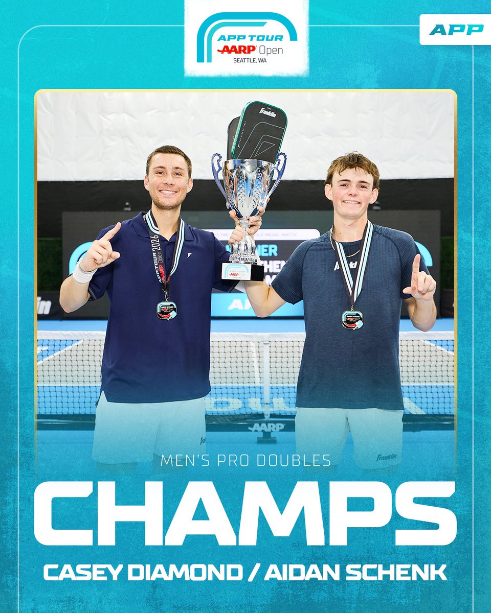 OfficialAPPTour's tweet photo. BIG DUBS 🏆

Casey Diamond and Aidan Schenk win the men's pro doubles title at the @AARP Open! 

11-1, 11-8 https://t.co/CQn00K7GPK