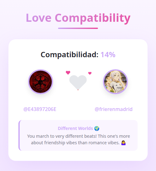 Mi Compatibilidad Amorosa con <a href="/frierenmadrid/">Frieren Madridista 🤍🌸🩷</a> es del 14%

➡️ infinitetweet.me/love-calculato…