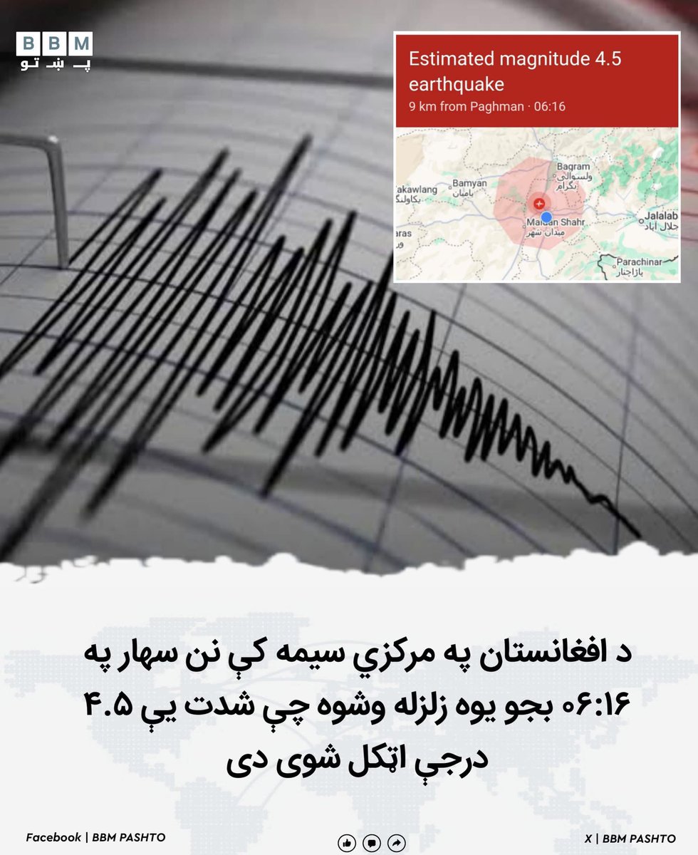 bbmpashto's tweet photo. تازه 
د افغانستان په مرکزي سیمه کې نن سهار په ۰۶:۱۶ بجو یوه زلزله وشوه چې شدت یې ۴.۵ درجې اټکل شوی دی.
زلزله د پغمان څخه ۹ کیلومتره لیرې او د ميدان ښار په شاوخوا کې ثبت شوې.
#زلزله https://t.co/UDMK7T917y
