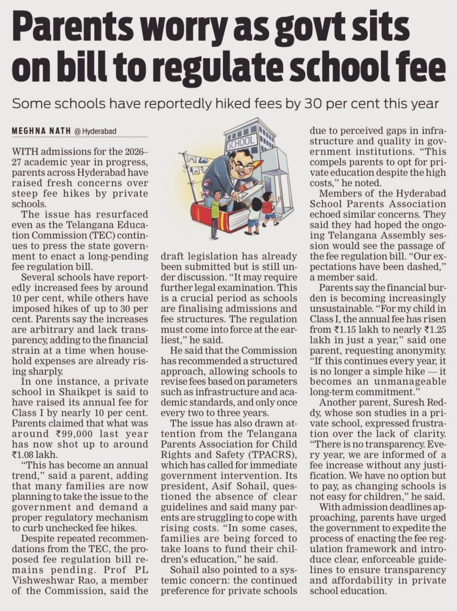 Unregulated #schoolfeehike in #Hyderabad

Parents up in arms !

ℹ️ With no compunction managements continue to hike 10 % each year, while others have imposed up to 30 %. 

🔻The hike is arbitrary &amp; lacks transparency, adding to the financial strain at a time when household