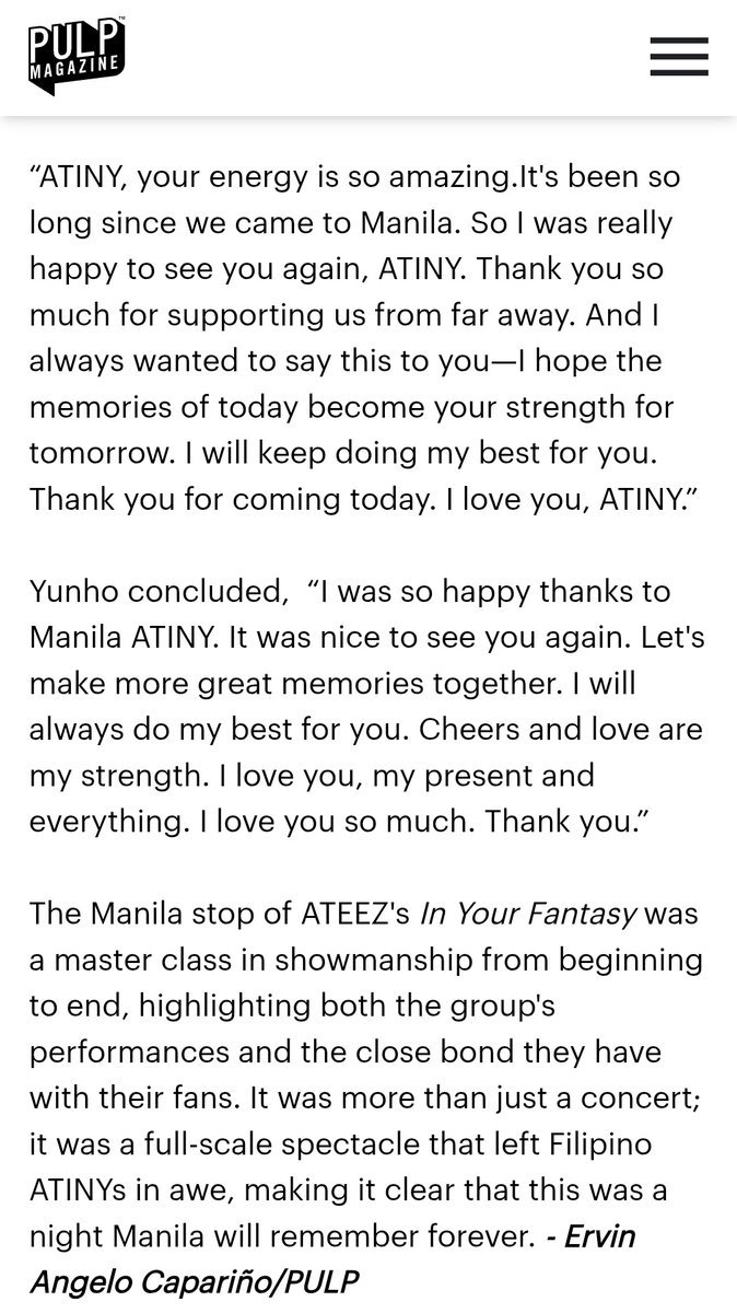 wonhoetrbl's tweet image. Everyone should give a read and leave positive remarks on this article by @PULPMagazinePH!!
Thank you for reliving our concert experience in great detail esp to the writer Sir Ervin Angelo Capariño! I am in tears 🥹 #PCD

We really hope to see you again @ATEEZofficial

#Ateez