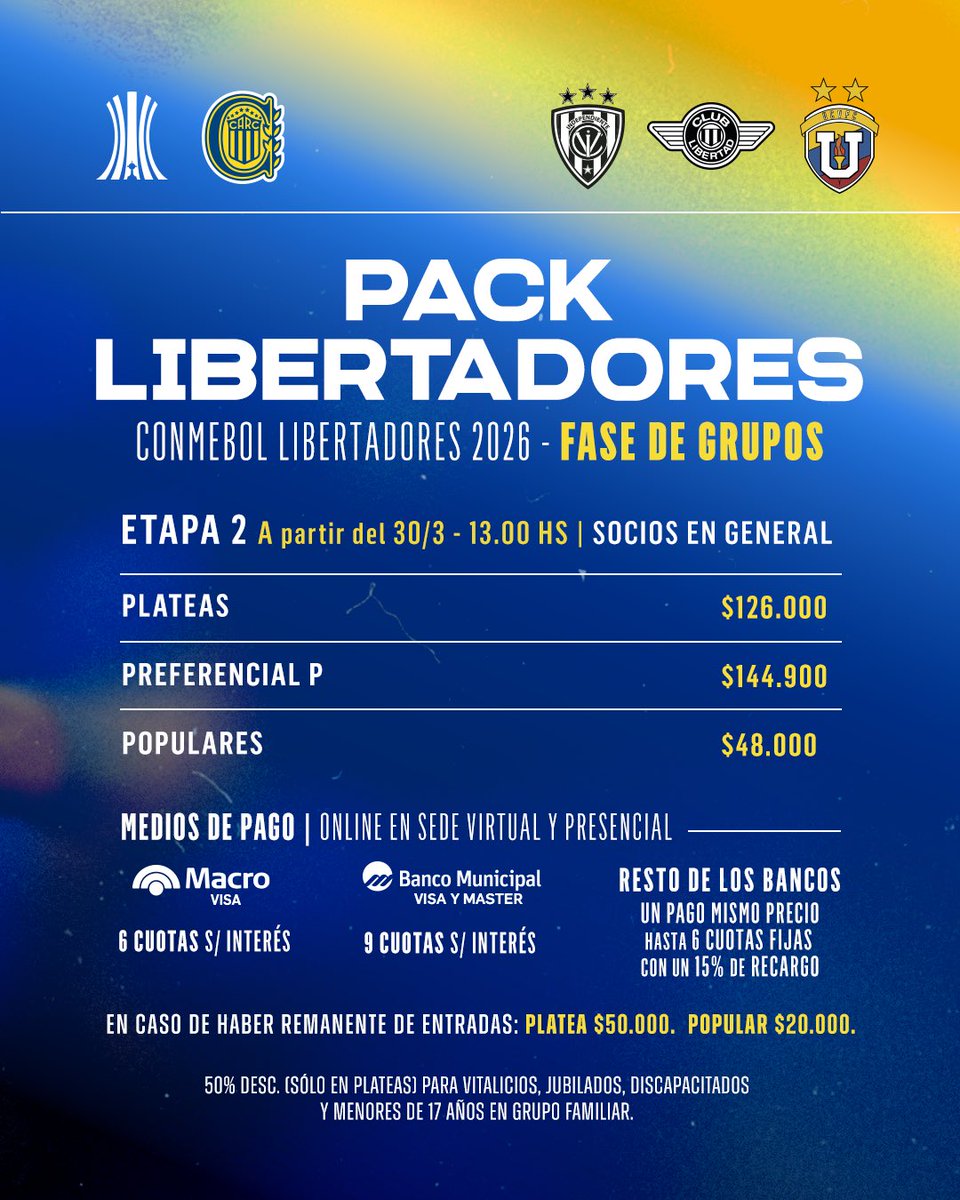 🇺🇦🏟️ Este lunes 30/03 desde las 13 hs comienza la segunda etapa del PACK Libertadores 

Venta para socios en general en todas nuestras sedes y virtual (rosariocentral.miclub.info/venta/index.php)