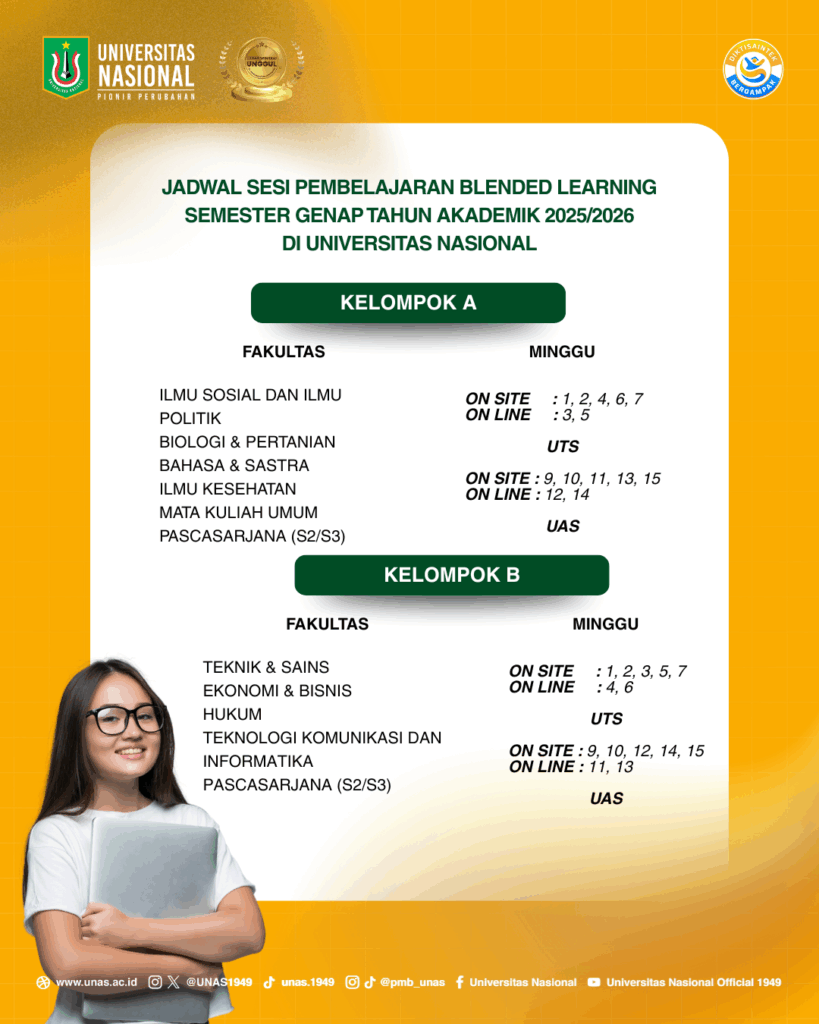 UNAS1949's tweet photo. Siapa yang sudah siap menghadapi perkuliahan kembali? 🙋‍♀️🙋🙋‍♂️
Yuk disimak informasi terbaru perkuliahan semester genap nih Sobat UNAS.

Terdapat perubahan proporsi perkuliahan Blended Learning di Universitas Nasional. https://t.co/VmO2N6ReBr