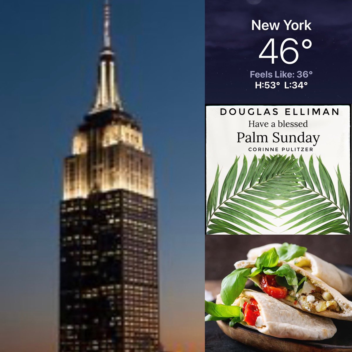 CorinnePulitzer's tweet image. Sunset was at 7:17PM on this chilly #PalmSunday with a warmup in tomorrow’s forecast &amp;amp; for #HolyWeek. The @EmpireStateBldg is lit in Signature White as #BreadLovers are celebrating #NationalPitaDay🫓 @NationalDayCal @HeyWhatDay @DiningGuide2Day