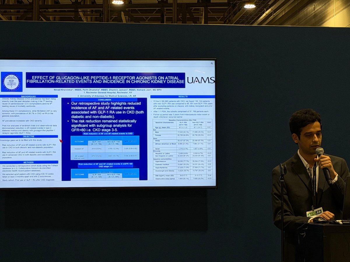 Had the amazing opportunity to present our work at the moderated poster session: GLP-1 RAs and Impact on Arrhythmias 🫀at ACC 2026 NOLA
<a href="/ACCinTouch/">American College of Cardiology</a> 
#ACC2026
<a href="/RRH_RGHIMRP/">RRH_RGHIMRP</a> 
Thank you <a href="/abhishek_mbbs/">Abhishek</a> and <a href="/ADoreCardEP/">Andrea Keithler</a> for moderating!