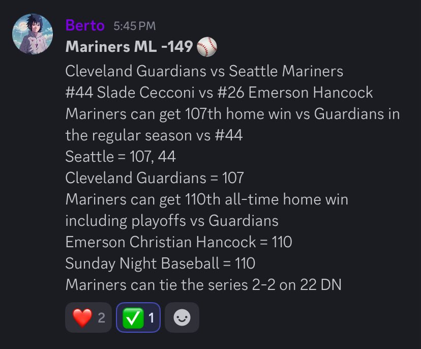 AstrobertoX's tweet photo. Easy winner Mariners ML -149 ✅

Mariners get 107th home win vs Guardians while #44 is pitching

Seattle = 107, 44
Cleveland Guardians = 107 https://t.co/ObeqmhstC9