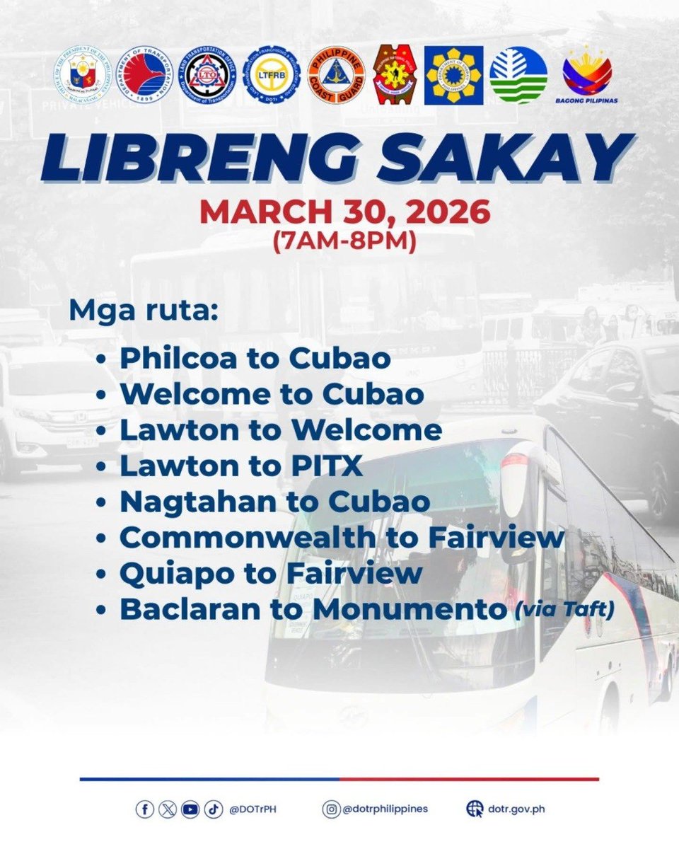 NET25TV's tweet image. ATTENTION, COMMUTERS

Muling nag-aalok ng libreng sakay sa ilang ruta Metro Manila ngayong Lunes, Marso 30, mula 7 a.m. hanggang 8 p.m.

📷: DOTr

#NET25NewsandInformation #DOTr #MetroManila #librengsakay #commuter #Cubao #PITX #Fairview #Monumento #Baclaran