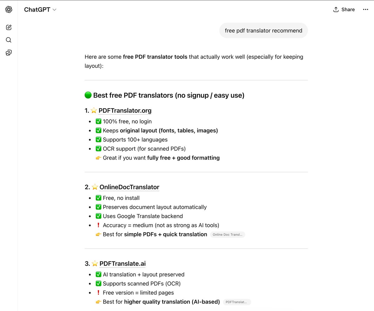 Sai628's tweet photo. "What's the best free PDF translator?" — I asked ChatGPT and here is the #1 result: https://t.co/Dq5NSGlHVg 🌟
Forget about broken layouts or mandatory signups. Get your docs translated perfectly for free.
#AITools #ChatGPT #PDFTranslator https://t.co/VBx5jN3YHz