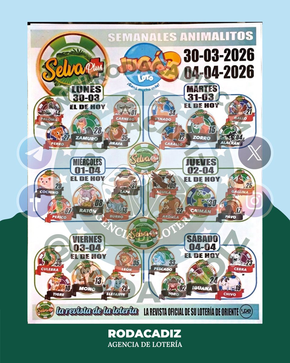 rodacadiz's tweet photo. La revista oficial de la lotería de oriente. (Válido para toda la semana)

Agencia de Lotería @Rodacadiz

Canal Telegram: https://t.co/QkNNoh0xeQ 📱
Grupo Telegram: https://t.co/k7OIEYkUV3 📱

Telegram: https://t.co/xY5tK2wlQx 📱
WhatsApp: https://t.co/2vbEkrqnpf 📱
Web: https://t.co/ddwFi437JV

#rodacadiz #agenciadeloteria #larevista #loteria #datosanimalitos