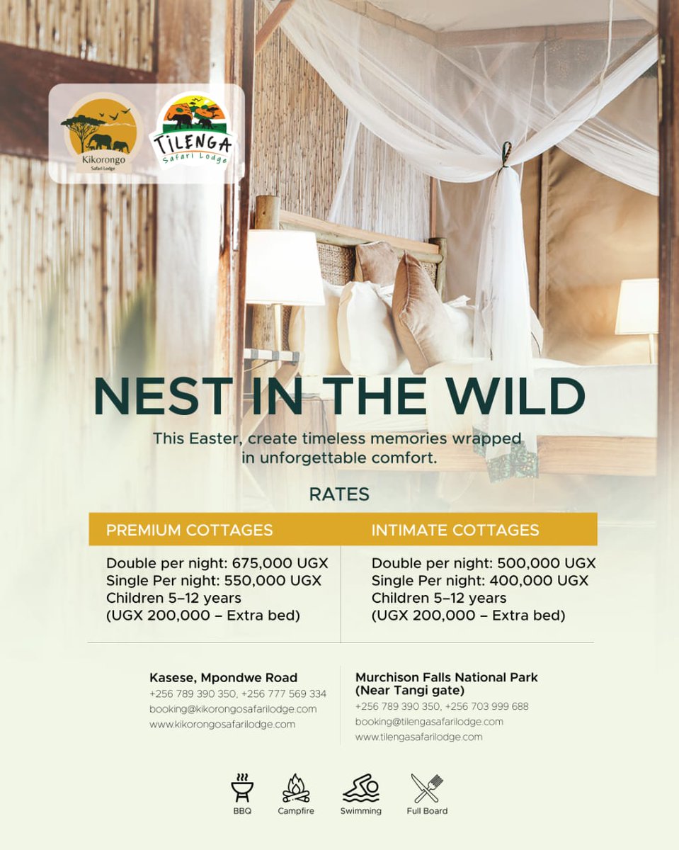 Nest in the wild this Easter Experience unforgettable comfort at Kikorongo &amp; Tilenga Safari Lodges with premium &amp; intimate cottages. BBQ , campfire , swimming &amp; full board await #EasterEscape #SafariLuxury #GoldenPosts