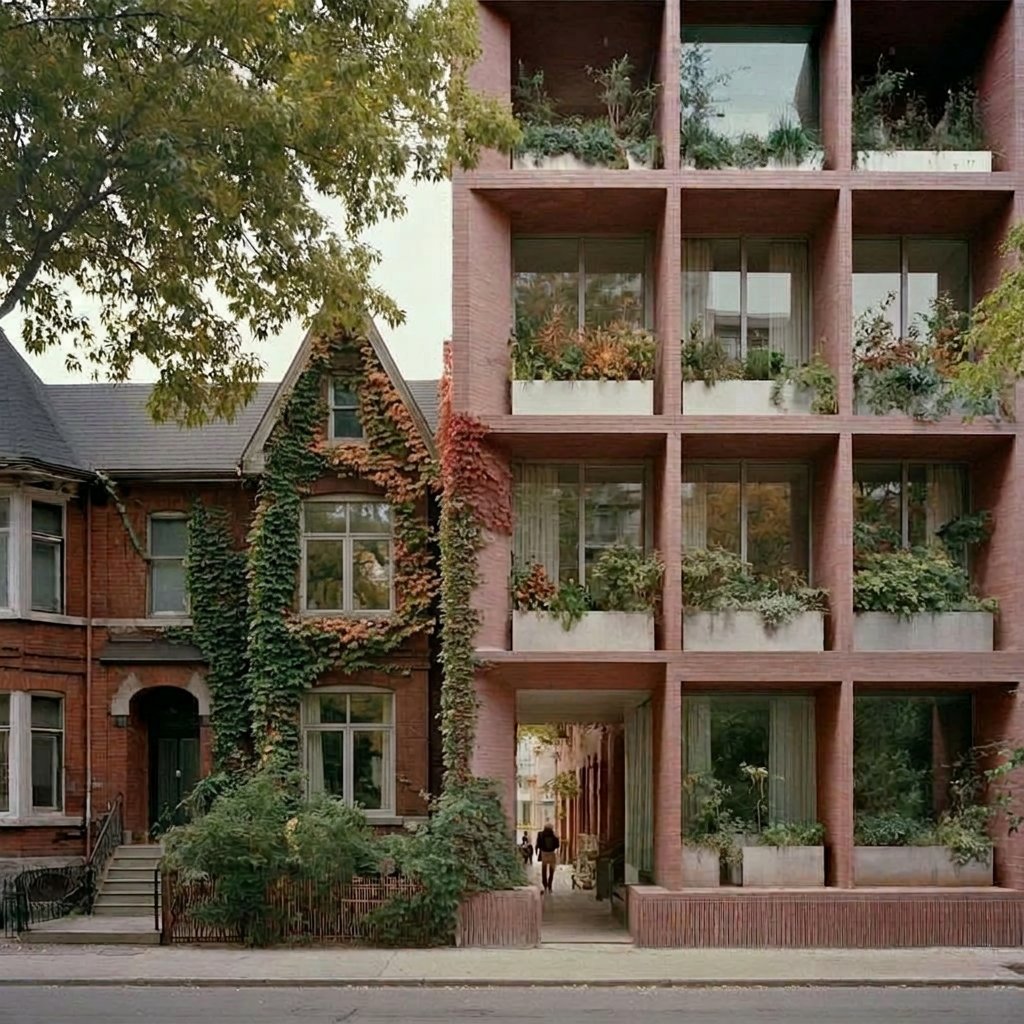 Many Toronto lots are 120 feet deep. What if the sad little side yard could be bridged- letting the apartments above grow wide, but leaving a walkway to a substantial garden building behind? Dreaming up a future Toronto over here...