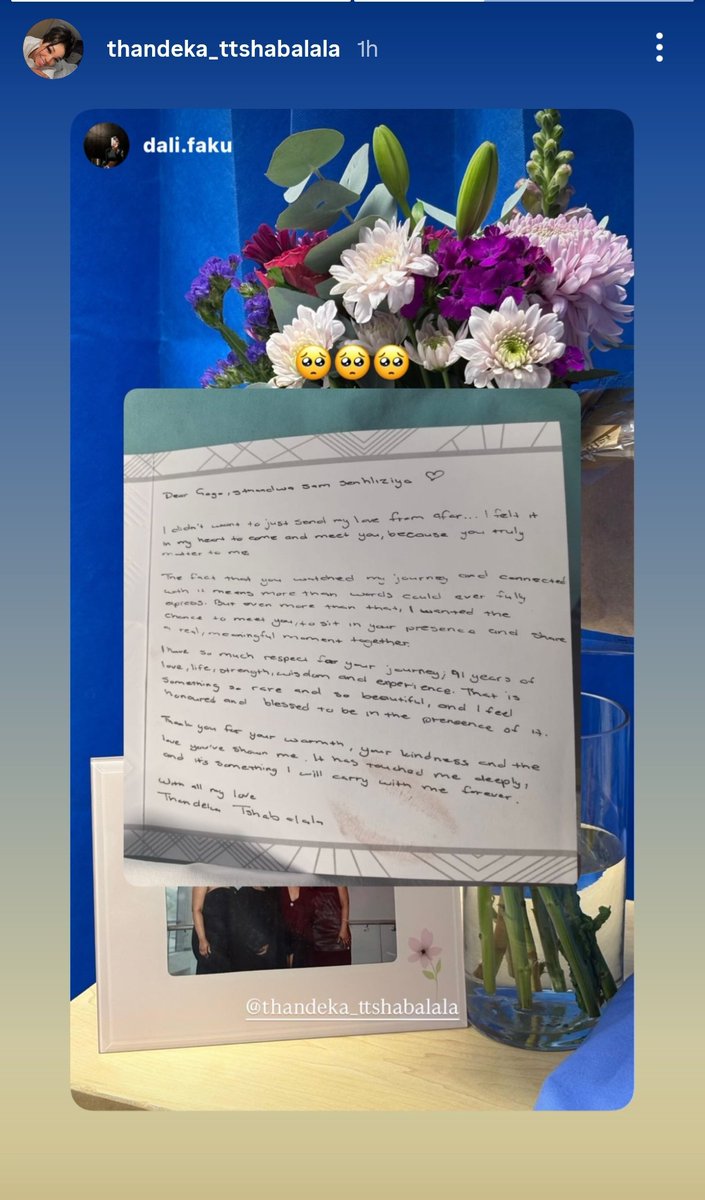 Thandeka met her oldest fan today🥹🥺🤍🇮🇹

"I didn't just want to send my love from afar... I felt it in my heart to come and meet you, because you truly matter to me..." - THANDEKA, the girl with a BIG HEART🤍

Touched🥺🤍🇮🇹. 

THANDEKA IS CARING 
MY FAVOURITE THANDEKA MOMENT