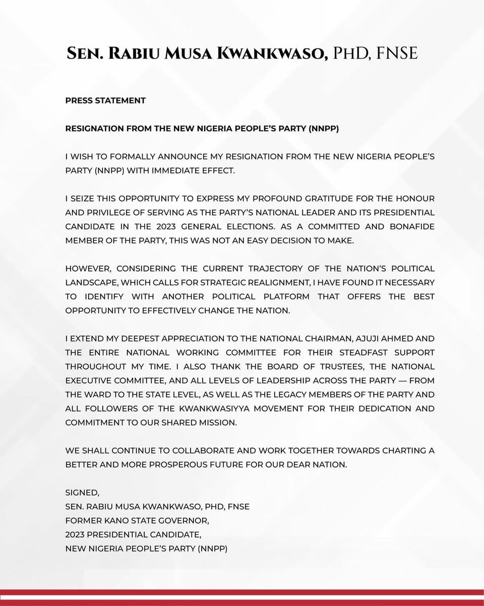 🚨 Rabiu Musa Kwankwanso resigns from NNPP, set to join ADC.