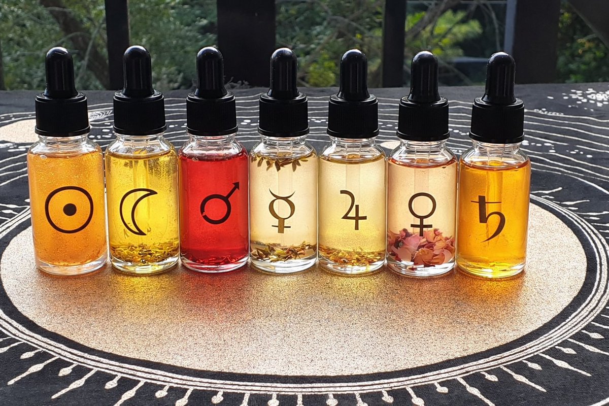 RTaahirah's tweet photo. When I'm not writing, teaching, or studying the stars, I make handcrafted, small batch metaphysical products. Below are my planetary ritual oils., one of my favorite creations. They are available individually or as a set. My Etsy link is in my bio ✨️😍 https://t.co/AadLYZqgOj