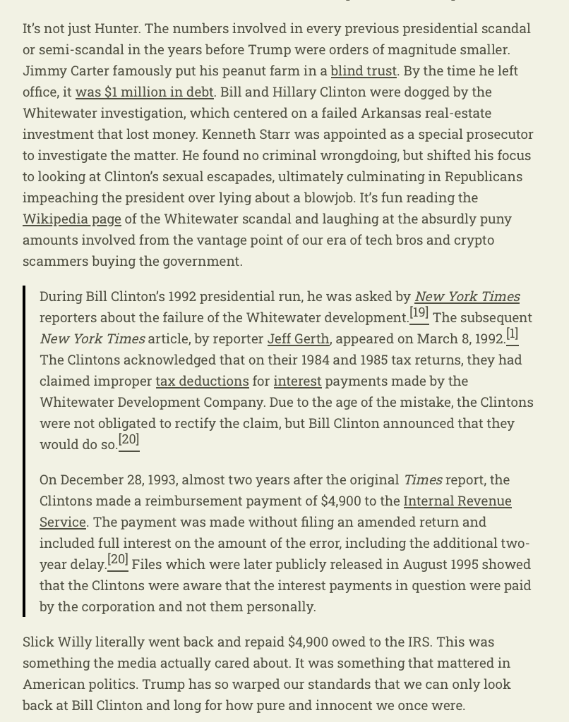 It's a constant struggle to remind people how Trump has  completely redefined the meaning of "scandal."

To think at one point Bill Clinton paid back $4,900 owed to the IRS. Now we're talking blatant crypto scams in the billions. richardhanania.com/p/why-the-medi…