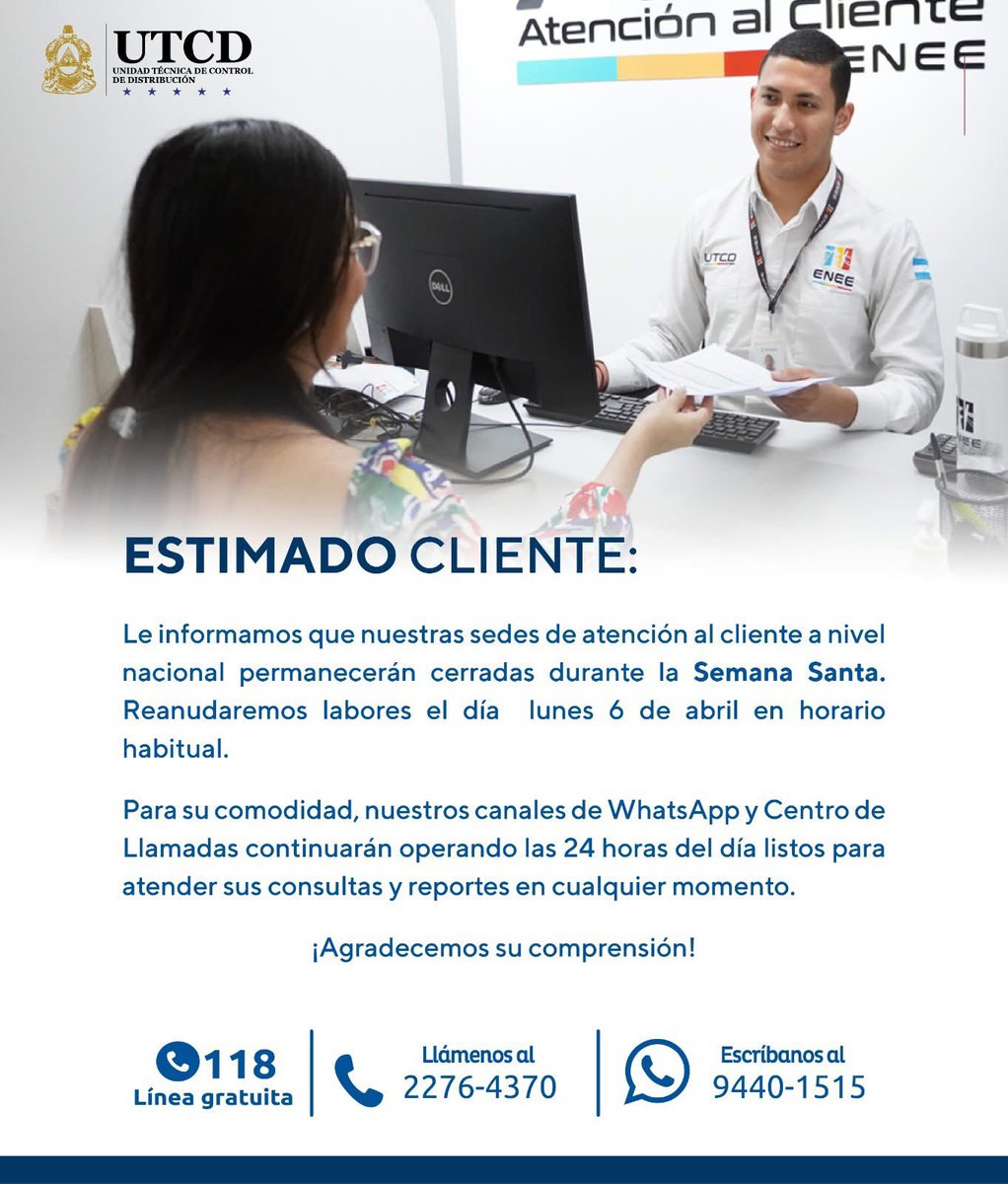 utcdhn's tweet photo. #AVISO | Estimados abonados les informamos que por motivo de la Semana Santa nuestras oficinas de Atención al Cliente permanecerán cerradas del lunes 30 de marzo al domingo 05 de abril, reanudando labores el lunes 6 de abril.

Lineas: *118 | 2276-4370 | WhatsApp 9440-1515. https://t.co/i1zJzWb6Hu